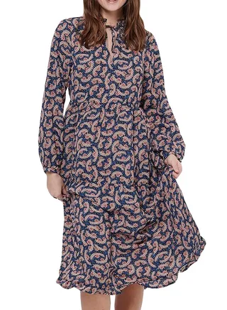 Paisley Ruffled Neck Long Sleeve Dress Blue Multi 