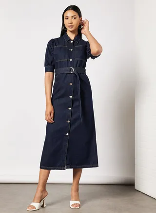Basic Plain Collared Neck Midi Dress Dark Blue 