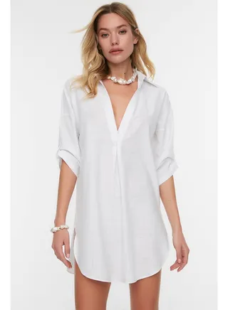 White Mini Woven 100% Cotton Beach Dress TBESS21EL3979 