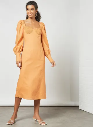Shirred Detail Midi Dress Orange 