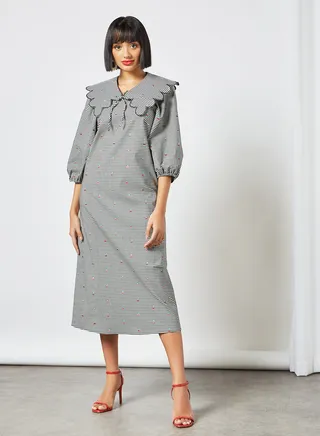 Detachable Collar Checkered Print Dress Black/White 