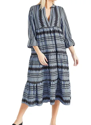 Aztec Print Tiered Midi Dress Blue/Black 