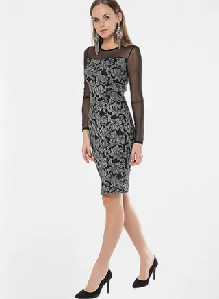 Floral Pattern Long Sleeve Dress Black 