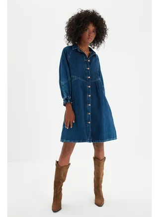 Blue Stitch Detail Oversize Denim Dress TWOAW22EL0072 