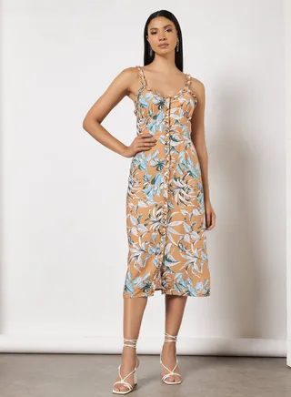 Floral Print Sweetheart Neck Sleeveless Dresses Orange/Green 