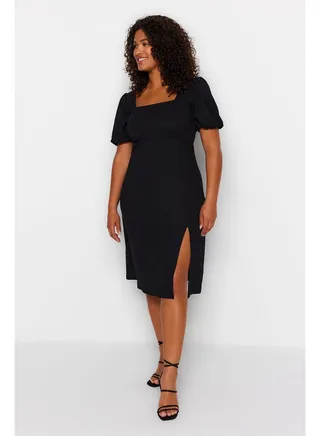 Black Slit Knitted Dress TBBSS23AH00280 