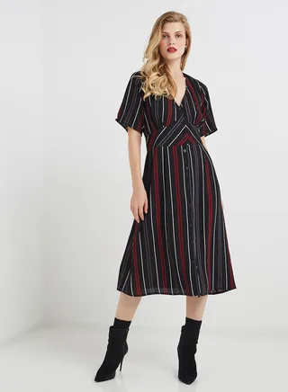 Plus Size Striped Midi Empire Dress Black/Red 