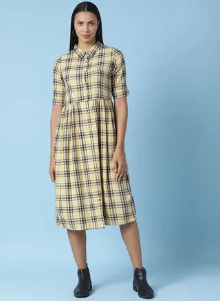 Casual Checkered Midi Dress Beige/Navy Blue 