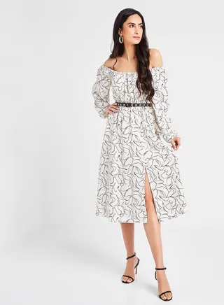 Belt Detail Printed Midi Dress Ecru 