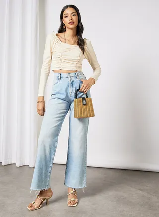 Gathered Detail Crop Top Beige 