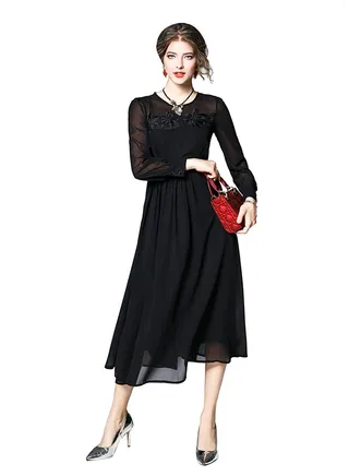 Round Neck Solid Pattern Long Sleeve Midi Dress Black 