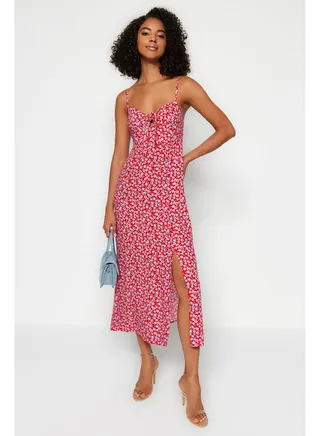 Red Patterned Tie Detailed Straps Sweetheart Neck Slit Midi Woven Dress TWOSS23EL02440 