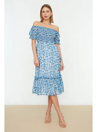 Blue Floral Waist Opening Chiffon Lined Gimped Midi Woven Dress TWOSS22EL0813 