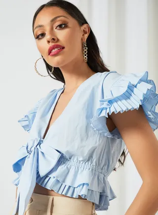Tie Front Pleat Trim Crop Top Blue 