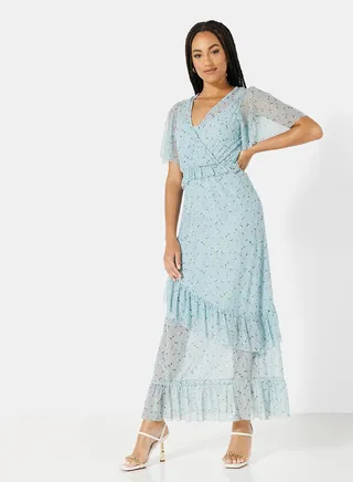 Floral Ruffled Midi Dress Blue 