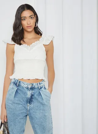 Jackie Ruffle Trim Crop Top Bright White 