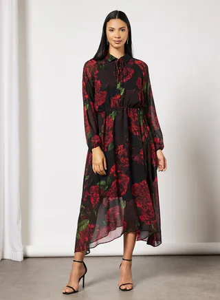 Floral Printed Drawstring Waist Dress Black/Red 