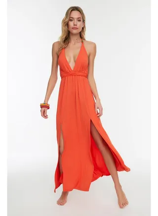Orange Maxi Knitted Beaded Accessory Beach Dress TBESS21EL2796 