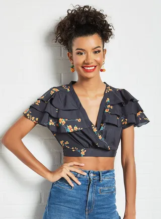 Floral Wrap Front Crop Top Black 