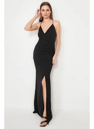 Black Lined Wenge Chiffon Long Evening Dress TPRSS22AE0012 