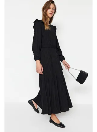 Black Belted Viscose Blended Woven Dress With Ruffled Shoulder Skirt Flounce Lined TCTSS23EB00290 