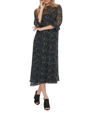 Sheer Floral Three-Quarter Sleeve Dress Navy 