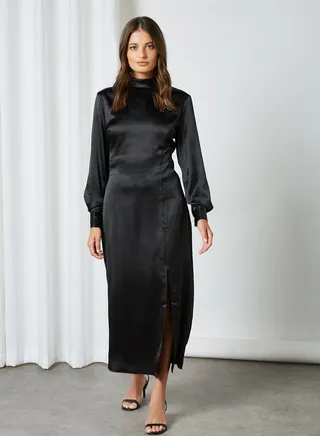 High Neck Satin Dresses Black 