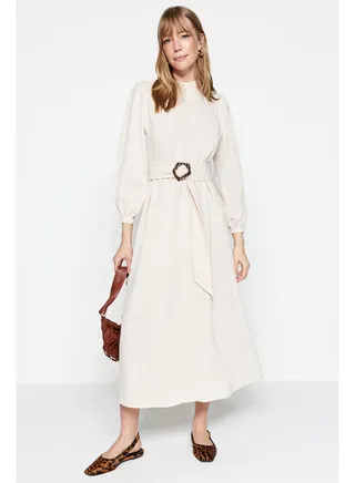 Ecru Belted High Neck Linen Look Woven Dress TCTSS23EB00018 