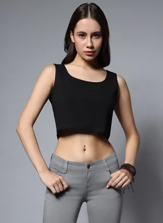 Square Neck Sleeveless Solid Crop Top 