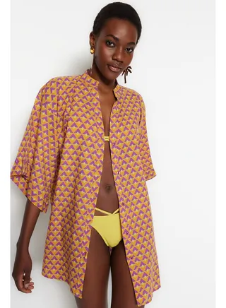 Geometric Patterned Mini Woven 100% Cotton Beach Dress TBESS22EL1438 