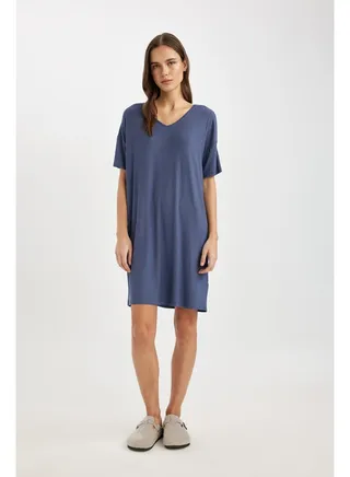 Woman Regular Fit V Neck Short Sleeve Homewear Knitted Dress 