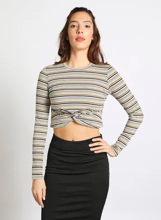 Women's Long Sleeves Front Twist Knitted Stripes Top Multicolour 