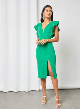 Olivia Frill Sleeve Midi Dress Green 