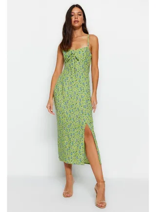Green Patterned Slit Detail Shift/Straight Cut Maxi Woven Dress TWOSS23EL02085 