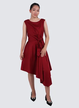 Women's Silk Midi Waist Band Dress in Rhubard 