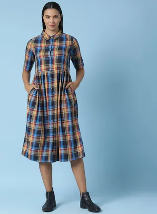 Casual Checkered Midi Dress Multicolour 