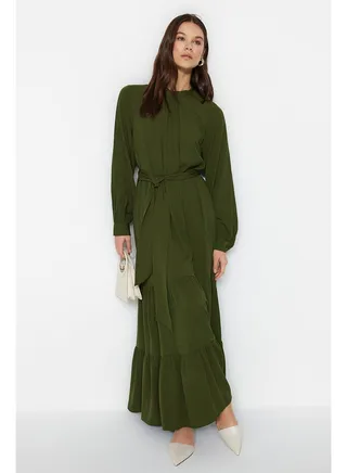 Khaki Belted Balloon Sleeve Woven Dress TCTSS23EB00289 