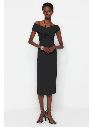 Black Fitted Window/Cut Knitted Out Detailed Elegant Evening Dress TPRSS23EL00214 