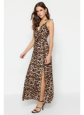 Camel Maxi Slit Detailed Leopard Patterned Woven Dress TWOSS23EL01892 