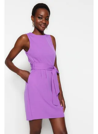 Purple Belted Body Wrap Crew Neck Mini Woven Dress TWOSS19AA0063 
