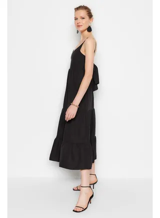 Black Skirt Flounce Back Tie Detailed Strappy Mini Woven Dress TWOSS23EL00027 
