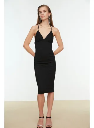 Black Body-Fitting Lined Knitted Evening Dress TPRAW22EL1040 