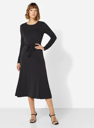 Basic Long Sleeve Belted Midi Dress 