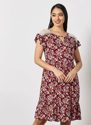 Casual Stylish Mini Dress Half Sleeves With Lace Round Neck Multicolour 