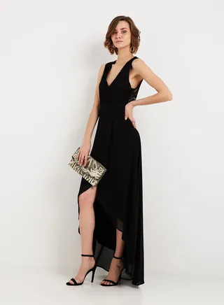 V-Neck High Low Dress Black 