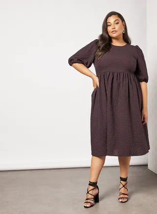 Curve Textured Midi Dress Burgundy 