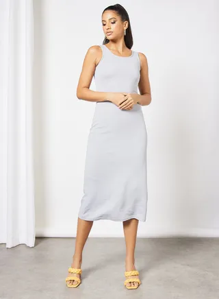 Casual Polyester Blend Sleeveless Midi Evening Dress With Scoop Neck Slim Fit Knit Tank Dress 62 Lite Grey 
