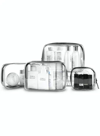 Clear Makeup Bag Organiser Set, Waterproof Portable Clear Makeup Bag Zipper Cosmetics Bag Transparent PVC Zippered Toiletry Bag Organizers With Handle for Vacation Travel, Bathroom 4PCS Clear Black 