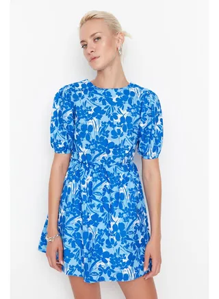 Blue Floral Mini Woven Dress with Waist Opening Back Detail TWOSS22EL2858 
