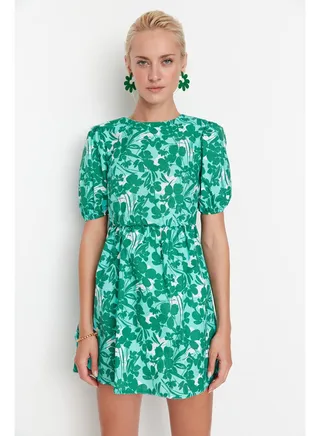 Green Floral Mini Woven Dress with Waist Opening Back Detail TWOSS22EL2858 